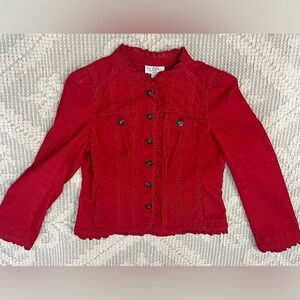 Ann Taylor LOFT Red Corduroy Ruffle Button Up Jacket